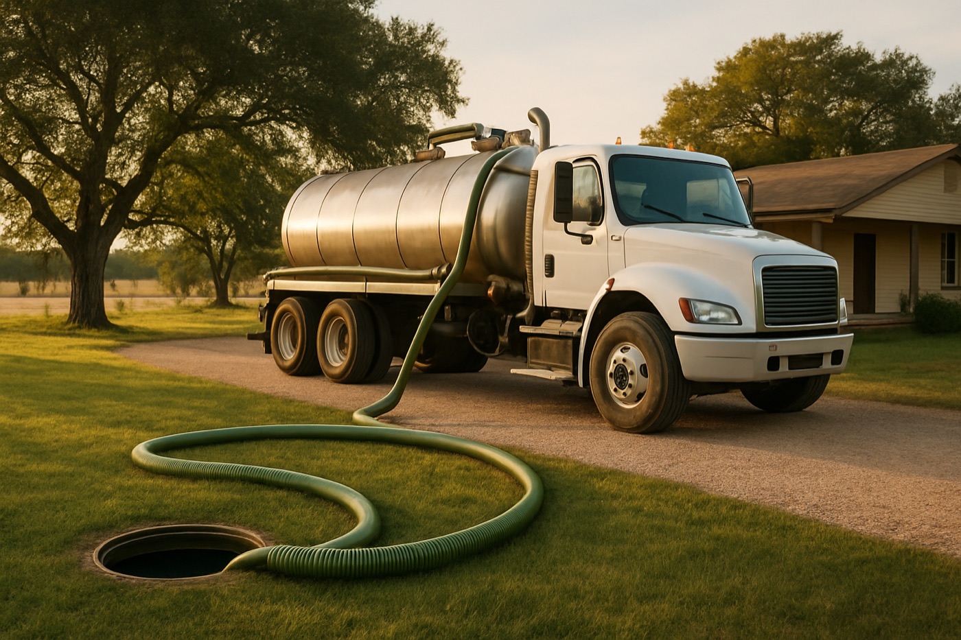 Septic pump truck servicing a tank at a rural home near Lockhart, Texas